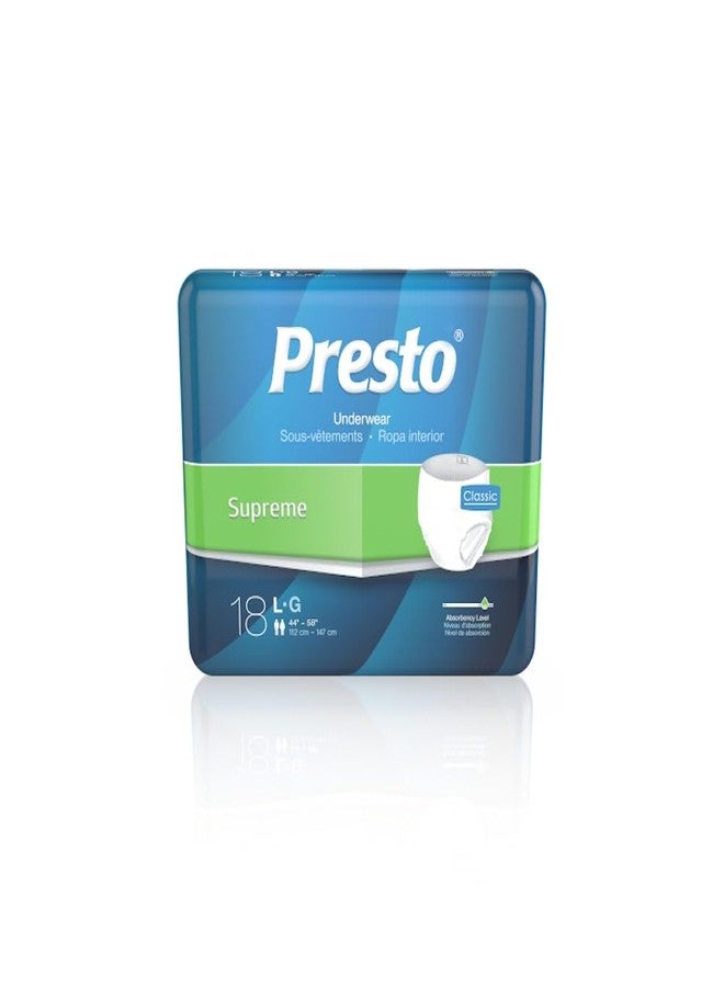 Presto Supreme Classic Unisex Protective Underwear, Adult Large (45"– 58" Waist) - Maximum Absorbency, Incontinence Underwear with OdorSecure & MoistureLock Dual Core, 18 Count (Pack of 1)